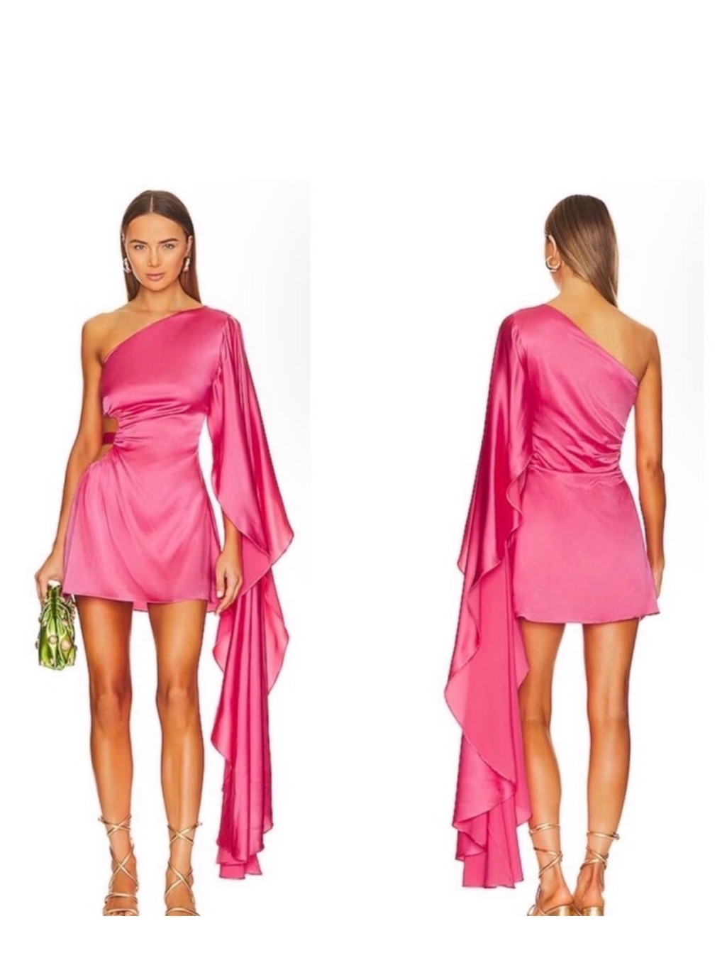 Cult Gaia One-Shoulder Hot Pink Satin Mini Dress With Dramatic Draped Sleeve